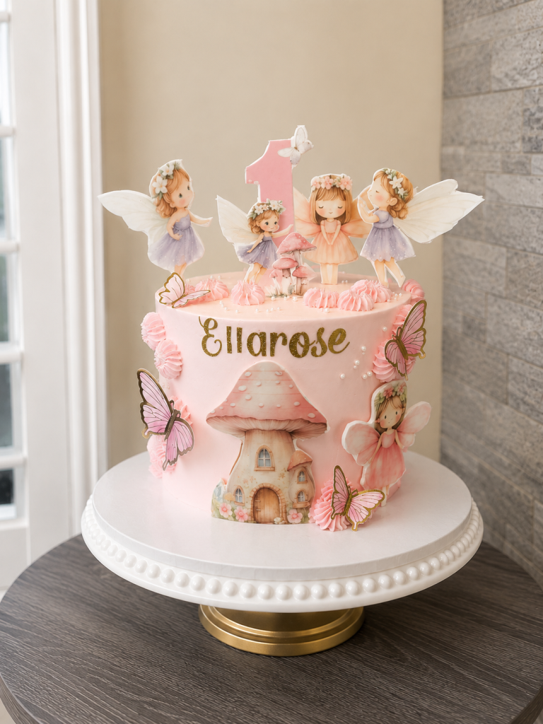 Pink fairy first birthday cake for girls in Montreal