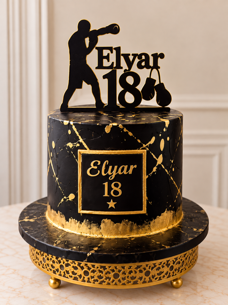 Custom black and gold 18th birthday cake with boxing topper