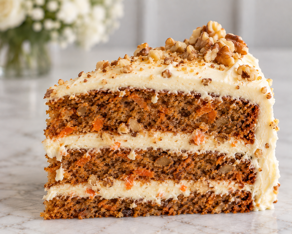 Carrot and walnut cake slice with vanilla buttercream and chopped walnuts