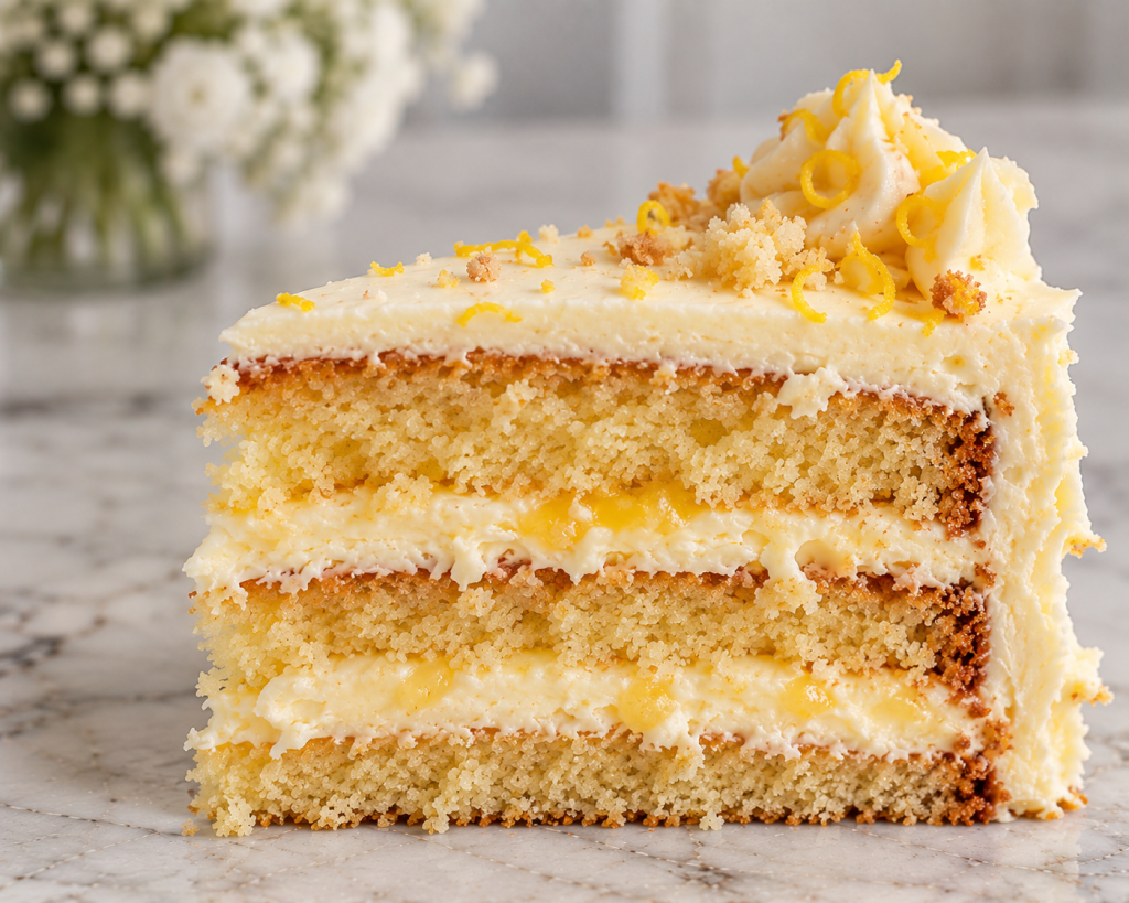 Lemon cake slice with lemon cream filling and vanilla buttercream