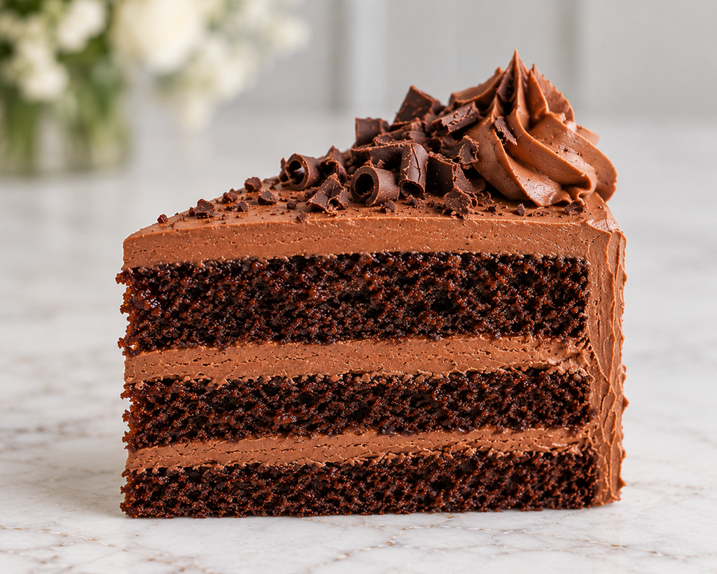 Chocolate cake slice with chocolate buttercream – Royal Cake MTL
