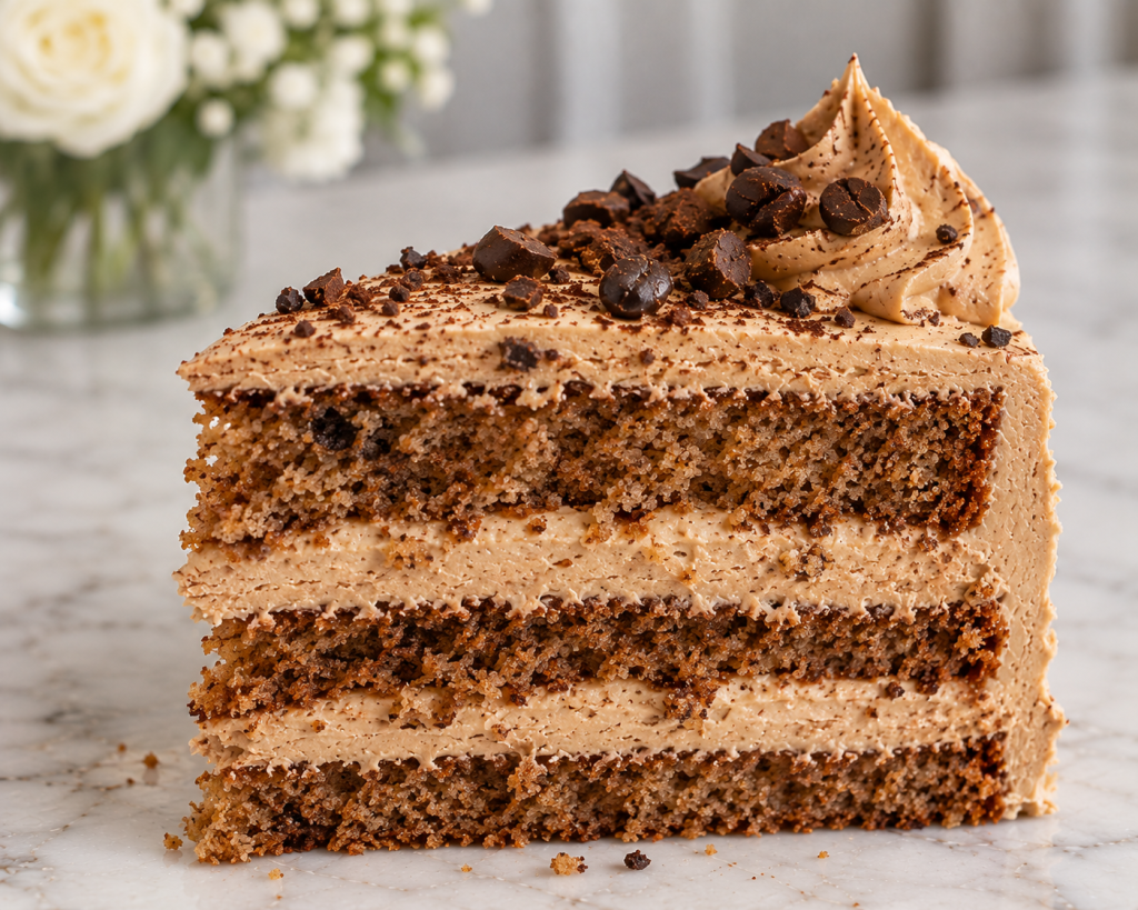 Coffee cake slice with coffee buttercream and chocolate pieces