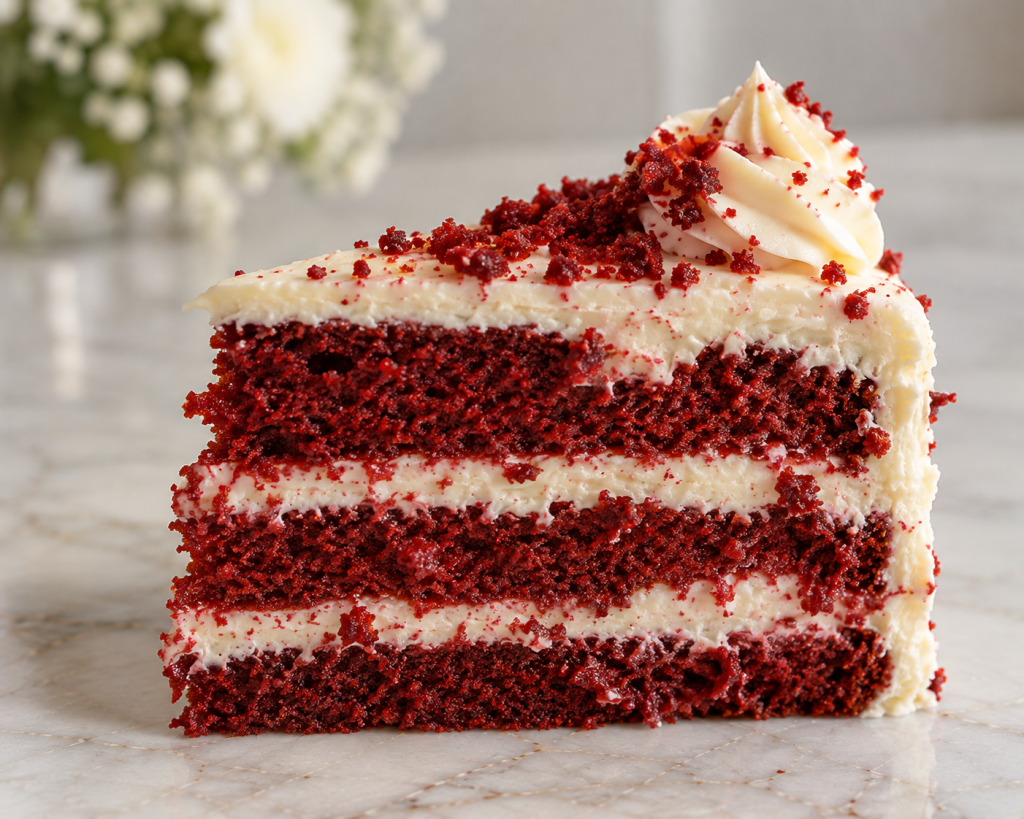 Red velvet cake slice with vanilla buttercream filling